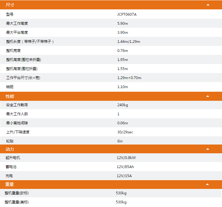 移動(dòng)剪叉式高空作業(yè)平臺(tái)JCPT0607A技術(shù)參數(shù)